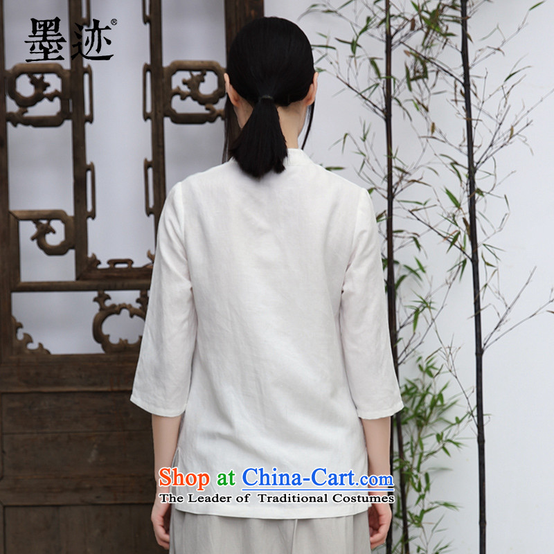 Ink pure linen blouses hand-painted flowers with Han-Tang Ethnic Arts female long-sleeved white XL, ink has been pressed shopping on the Internet