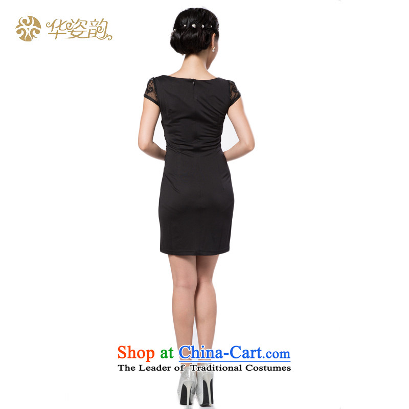 Following the fall of the Chinese position for summer women's Stylish retro graphics thin temperament Sau San Korean Foutune of pure color engraving stamp cheongsam dress lace female skirt dresses dinner dress black S, China has been pressed to Gigi Lai s