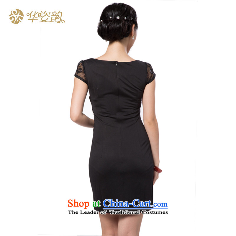 Following the fall of the Chinese position for summer women's Stylish retro graphics thin temperament Sau San Korean Foutune of pure color engraving stamp cheongsam dress lace female skirt dresses dinner dress black S, China has been pressed to Gigi Lai s