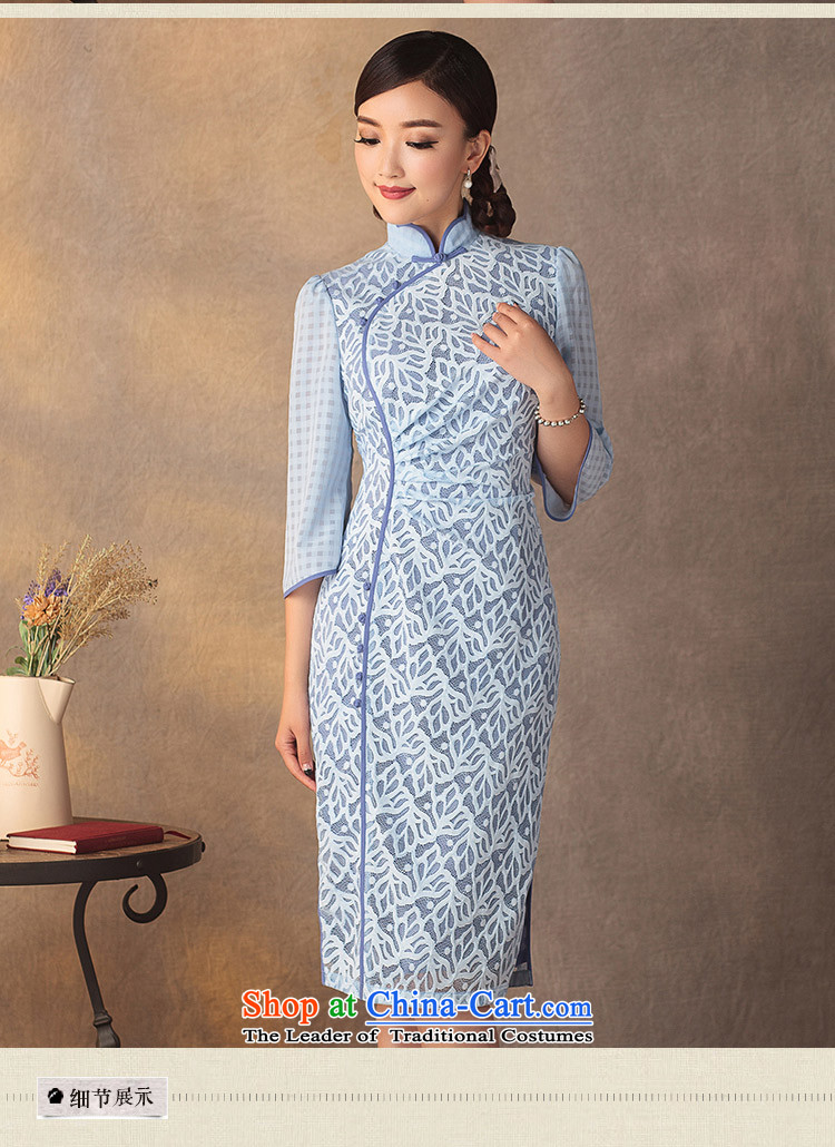 A Pinwheel Without Wind and Tsing Yi New long-sleeved qipao 2015 Autumn retro Sau San stretch lace ethnic cheongsam dress azure L picture, prices, brand platters! The elections are supplied in the national character of distribution, so action, buy now enjoy more preferential! As soon as possible.