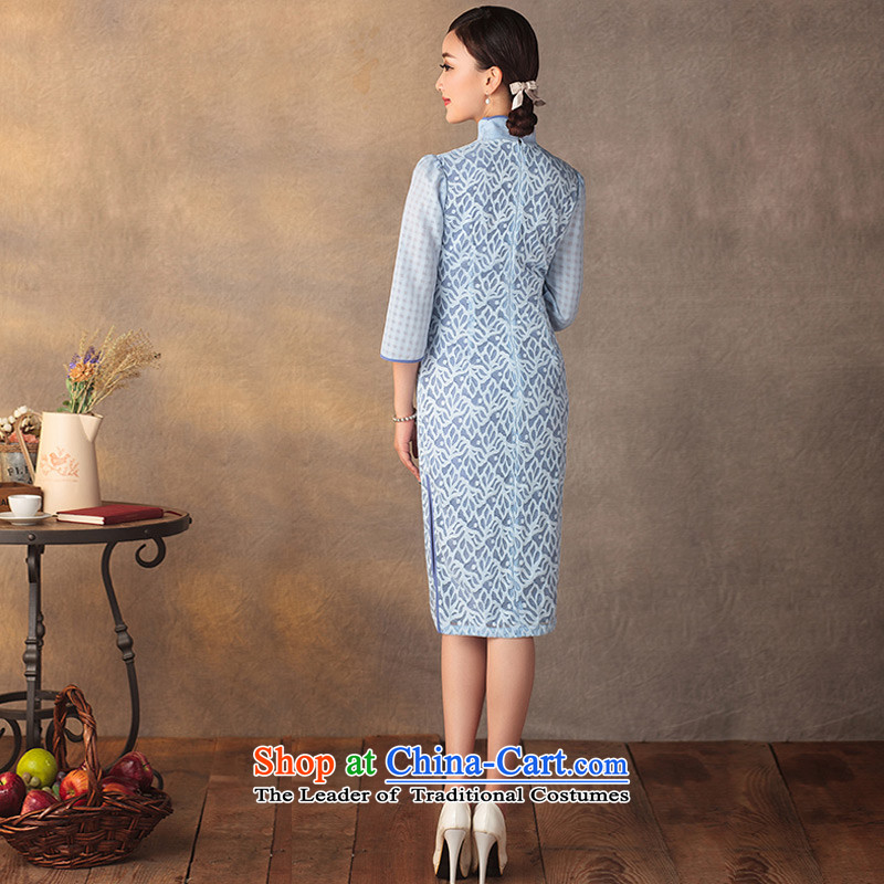 A Pinwheel Without Wind and Tsing Yi New long-sleeved qipao 2015 Autumn retro Sau San stretch lace ethnic cheongsam dress azure , L, Yat Lady , , , shopping on the Internet
