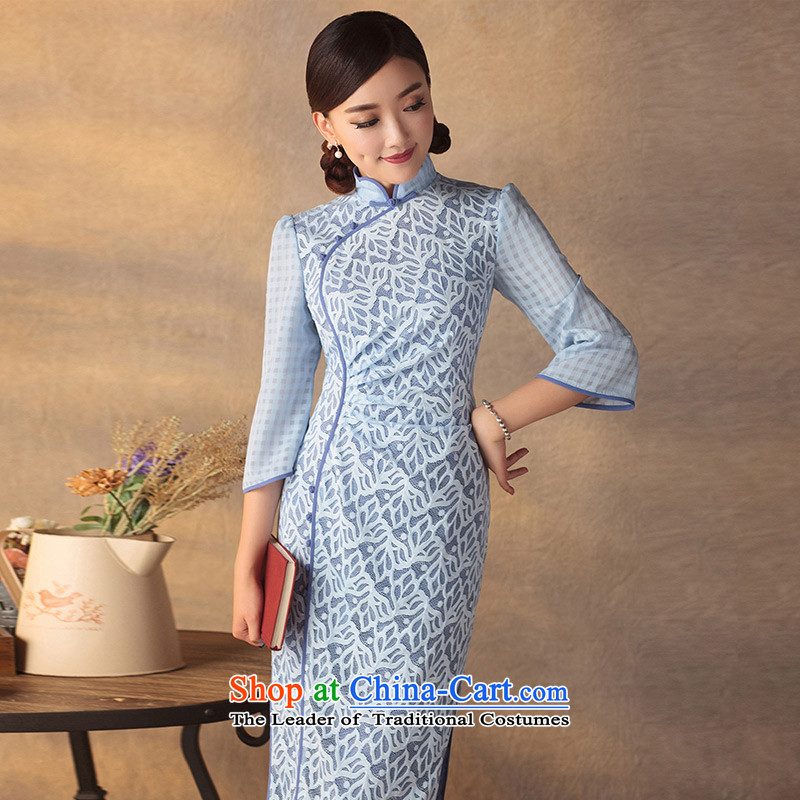 A Pinwheel Without Wind and Tsing Yi New long-sleeved qipao 2015 Autumn retro Sau San stretch lace ethnic cheongsam dress azure , L, Yat Lady , , , shopping on the Internet