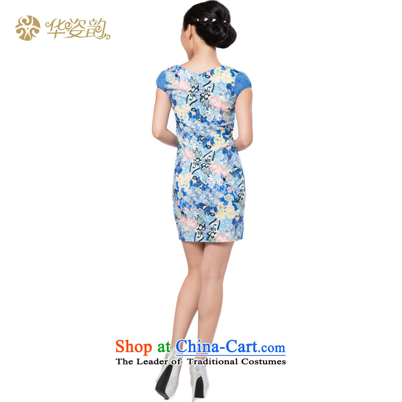 Following the fall of China Beauty short-sleeved flowers improved cheongsam dress Package Figure qipao and summer stylish Sau San Repair short skirts video thin waist dresses stamp dress Chinese Daily Tang dynasty China light blue, L, Gigi Lai Yun , , , s