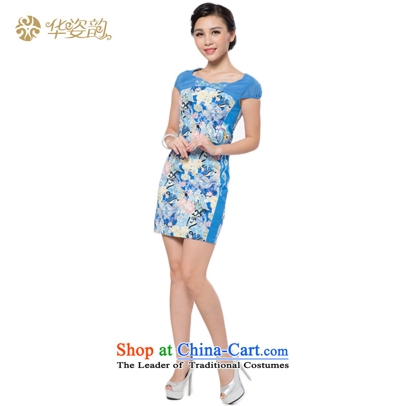 Following the fall of China Beauty short-sleeved flowers improved cheongsam dress Package Figure qipao and summer stylish Sau San Repair short skirts video thin waist dresses stamp dress Chinese Daily Tang dynasty China light blue, L, Gigi Lai Yun , , , s