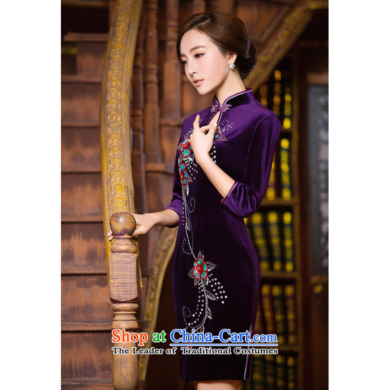 Time Syrian scouring pads qipao skirt elegance. cuffs daily evening long-sleeved Wool Velvet cheongsam Kim scouring pads fitted purple M time MOM Syrian shopping on the Internet has been pressed.