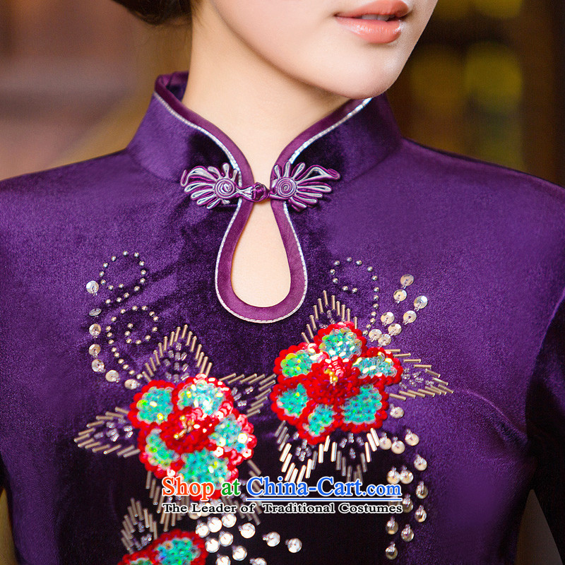 Time Syrian scouring pads qipao skirt elegance. cuffs daily evening long-sleeved Wool Velvet cheongsam Kim scouring pads fitted purple M time MOM Syrian shopping on the Internet has been pressed.