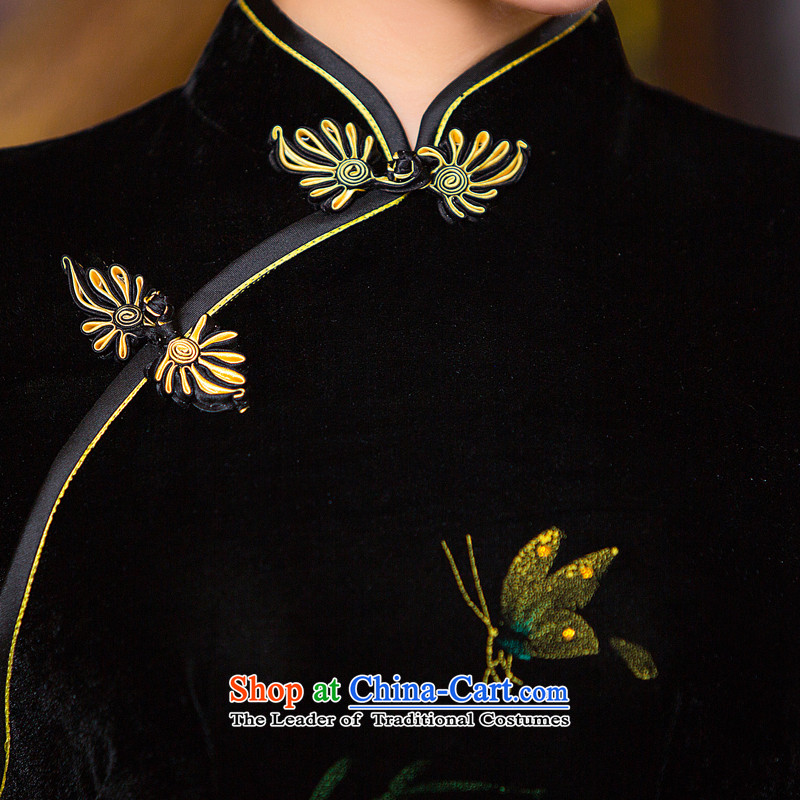 Time for the new products in spring and autumn Syrian gold velour robes and Stylish retro genuine improvement in long-sleeved stretch mother load pure color black M Time Syria qipao shopping on the Internet has been pressed.