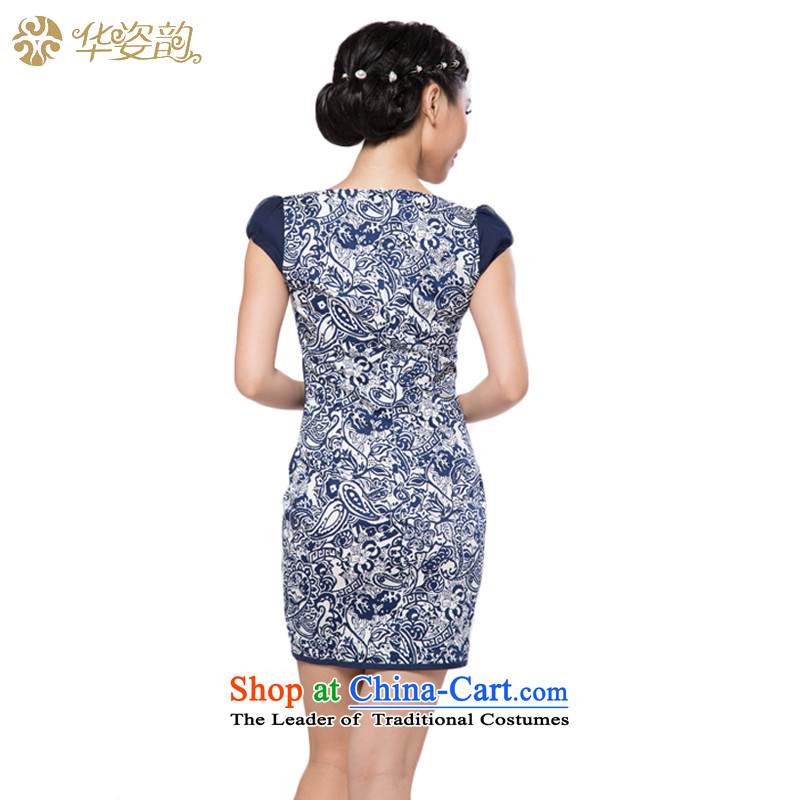 The 2015 Autumn Chinese Gigi Lai, short-sleeved round-neck collar short skirt fashion of the Sau San Stamp Pack and embroidered graphics thin dresses retro cheongsam dress female improved Tang dynasty dress dark blue S, China has been pressed to Gigi Lai