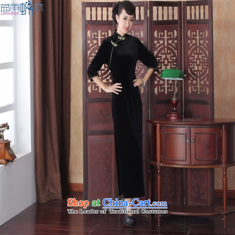 New autumn and winter dresses in sexy qipao stretch of solid color sleeves elegance long skirt SRCQ003 Kim scouring pads qipao XXL, blue rain butterfly according to , , , shopping on the Internet