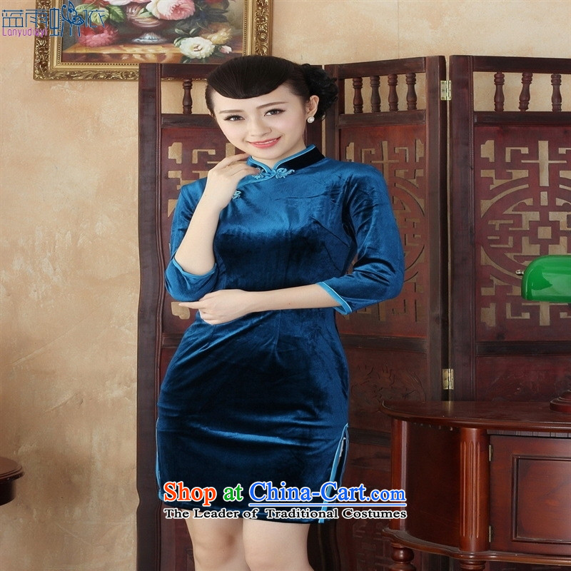 In the Stylish retro qipao velvet long-sleeved spring mother S blue qipao skirt SRZX0004 rain butterfly according to , , , shopping on the Internet