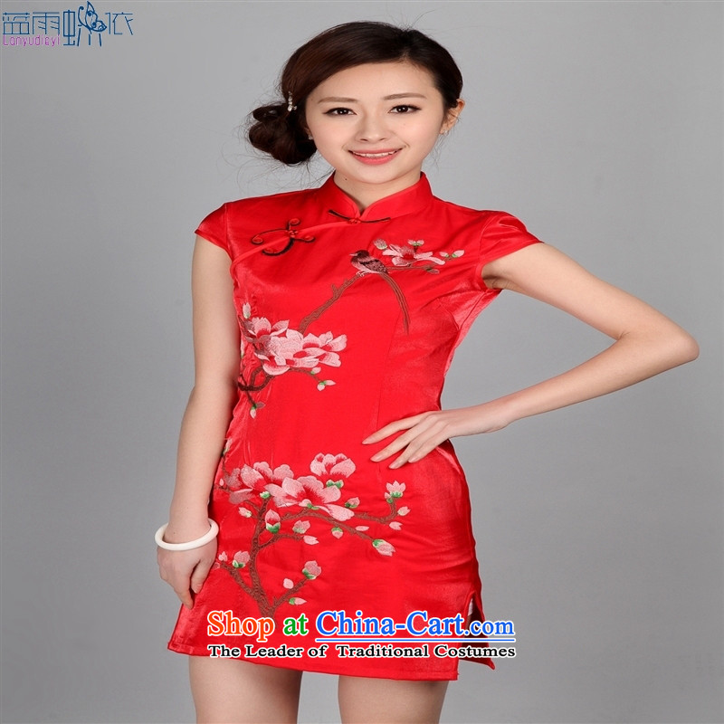 Tang dynasty qipao marriage wedding ceremonies flower embroidery show short cheongsam RED M Blue rain butterfly according to , , , shopping on the Internet
