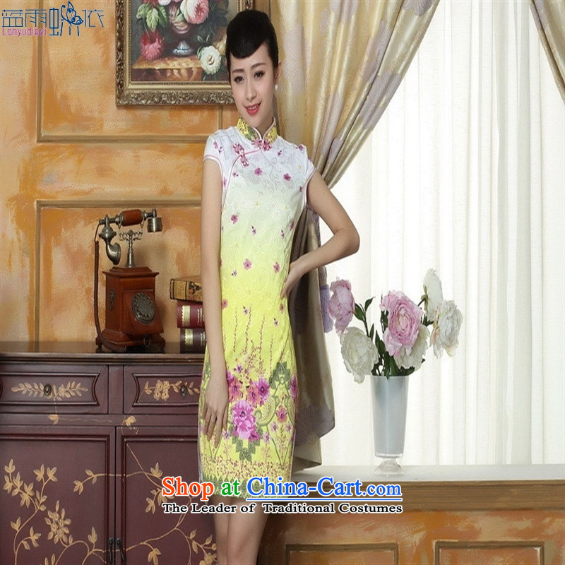 New stylish skirt cheongsam elegant hand-painted flowers daily spring and summer load short cheongsam dress temperament THM0064 M Blue rain butterfly according to , , , shopping on the Internet