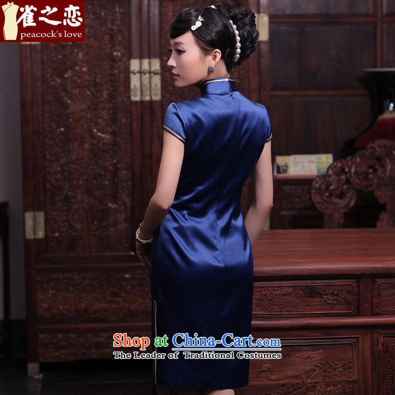 Love of birds in Spring 2015, the Lab new short-sleeved manually push embroidered heavyweight Silk Cheongsam QD444 BLUE XXL- pre-sale for 15 days, love birds , , , shopping on the Internet