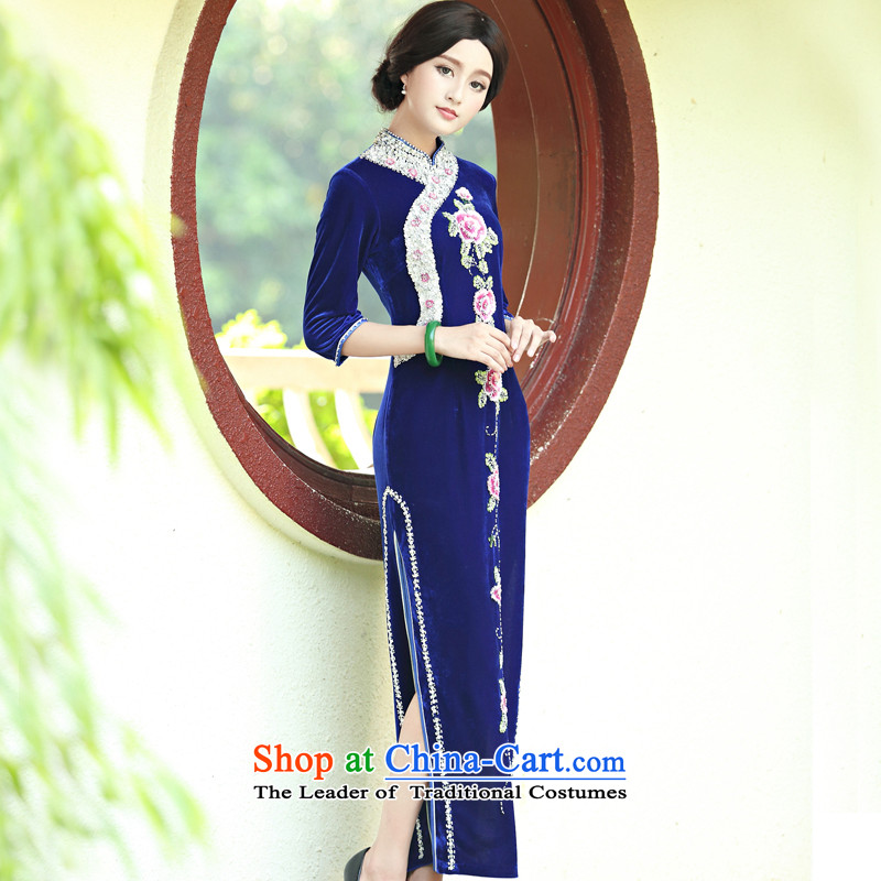 Ms. wedding Kim scouring pads 7 long-sleeved cheongsam dress dresses autumn and winter, Retro temperament improved large blue long-sleeved long XL, China Ethnic Classic (HUAZUJINGDIAN) , , , shopping on the Internet