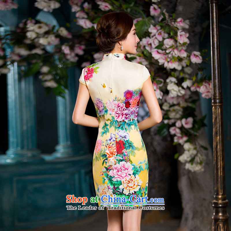 Time the  new 2015 Syria cheongsam dress with improved female qipao autumn dresses and Stylish retro Sau San-to-day short temperament of qipao gown light yellow M Time Syrian shopping on the Internet has been pressed.