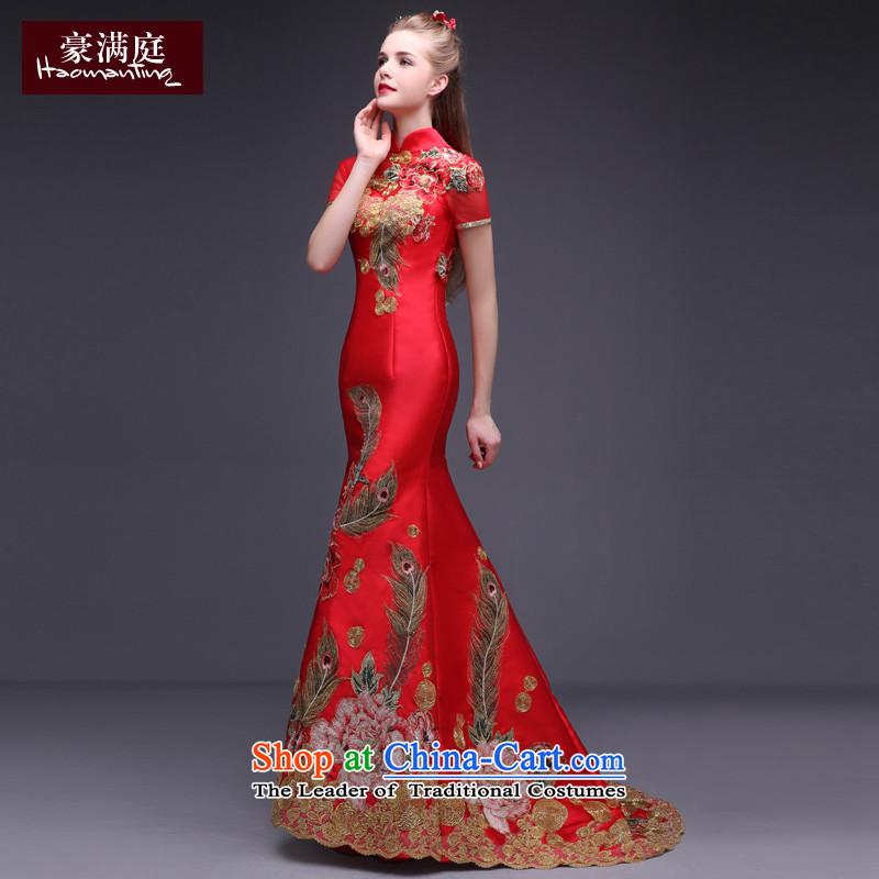 Chinese wedding dress bride bows long service tail retro embroidery cheongsam dress married a crowsfoot banquet evening dresses red , L Ho full Chamber , , , shopping on the Internet