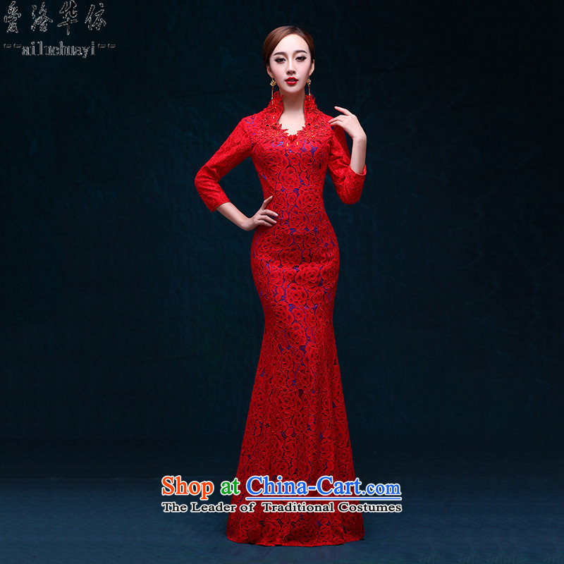 Qipao long crowsfoot stylish graphics thin collar dress 2015 new autumn marriages banquet bows services Sau San red lace evening dress bows services red?L