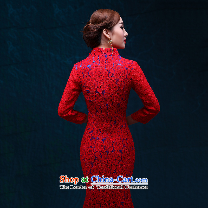 Qipao long crowsfoot stylish graphics thin collar dress 2015 new autumn marriages banquet bows services Sau San red lace evening dress bows services , China red, L, Love to shop online....