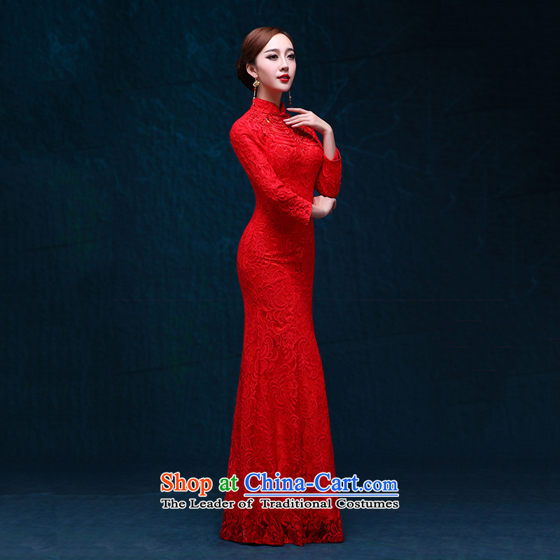 Qipao crowsfoot long red elegant beauty dress new autumn 2015 marriages bows serving a seven-banquet cuff red lace serving evening drink red , L4, according to the , , , Love shopping on the Internet