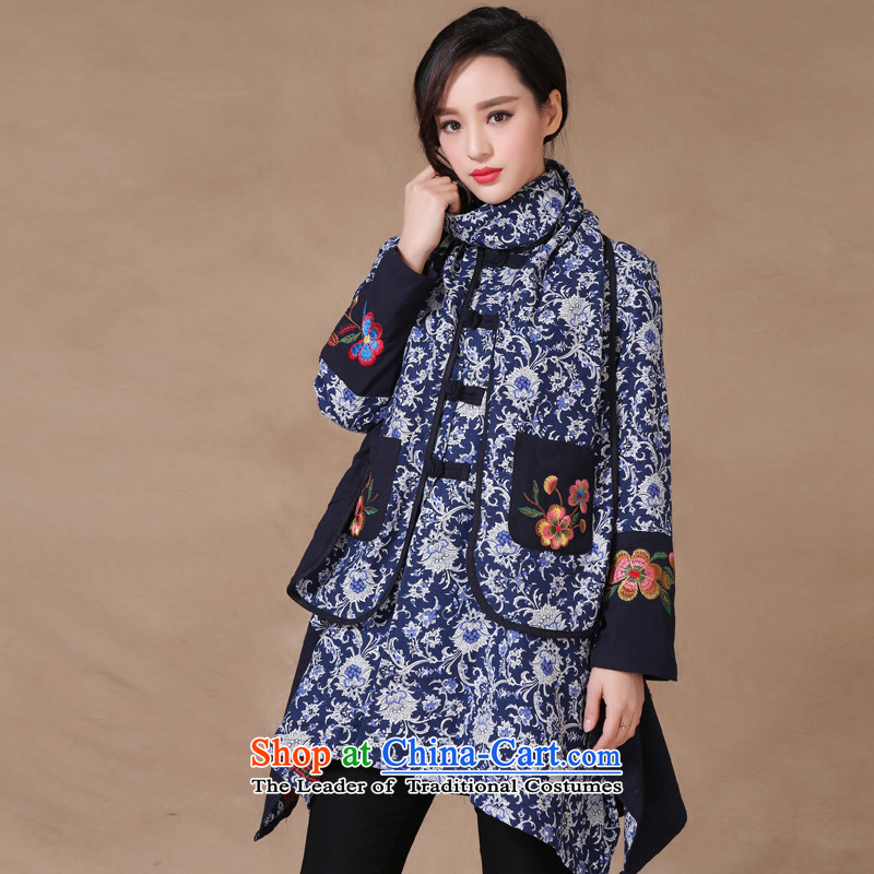 Korea first visited the spring and fall 2015 new ethnic women in long shirts cotton linen Chinese Antique stitching embroidery long-sleeved sweater navy M won first visited shopping on the Internet has been pressed.