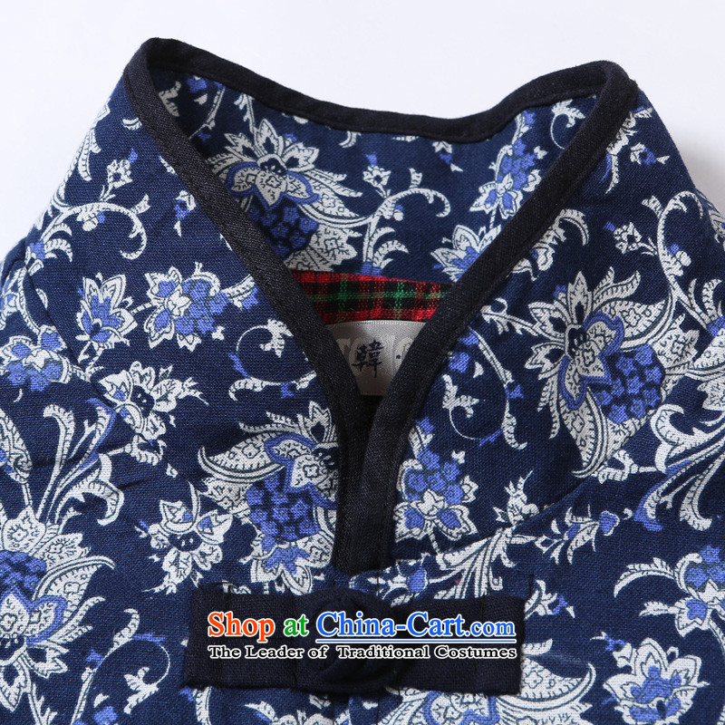 Korea first visited the spring and fall 2015 new ethnic women in long shirts cotton linen Chinese Antique stitching embroidery long-sleeved sweater navy M won first visited shopping on the Internet has been pressed.