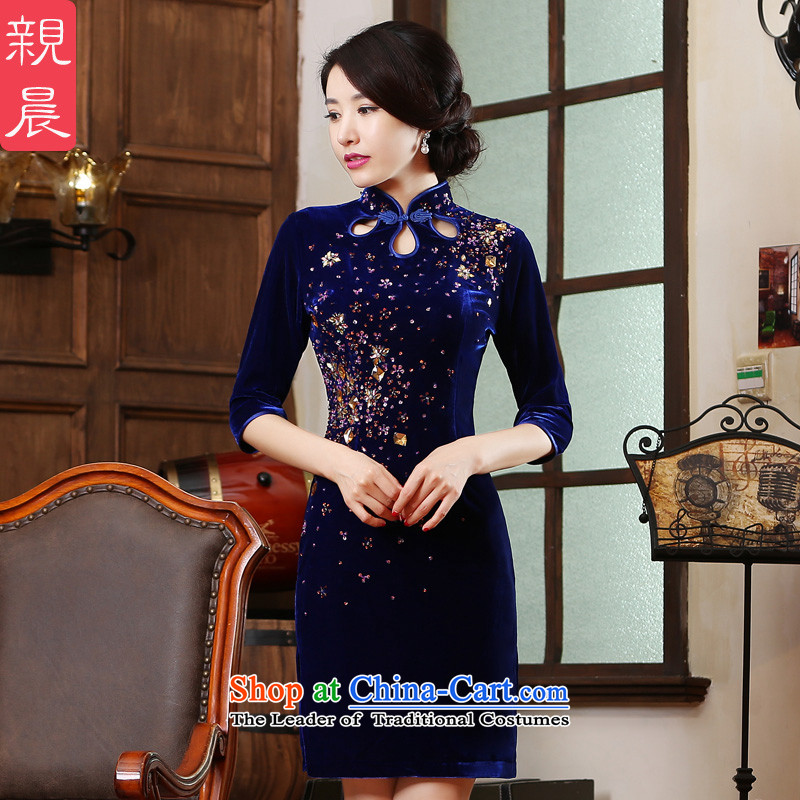 The wedding-dress MOM pack cheongsam dress scouring pads in the Kim older wedding dresses upscale 2015 new summer and fall short of the cuff is blue?XL