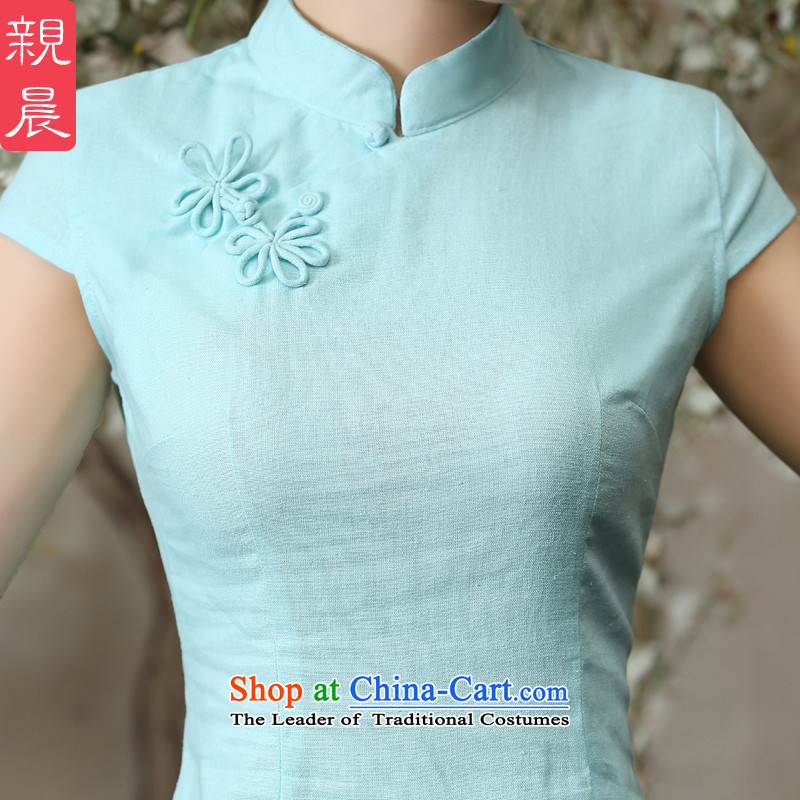 The pro-am new cotton linen clothes summer qipao 2015 Ms. daily maximum code linen improved cheongsam dress shirt + light blue skirt 2XL, in pro-am , , , shopping on the Internet