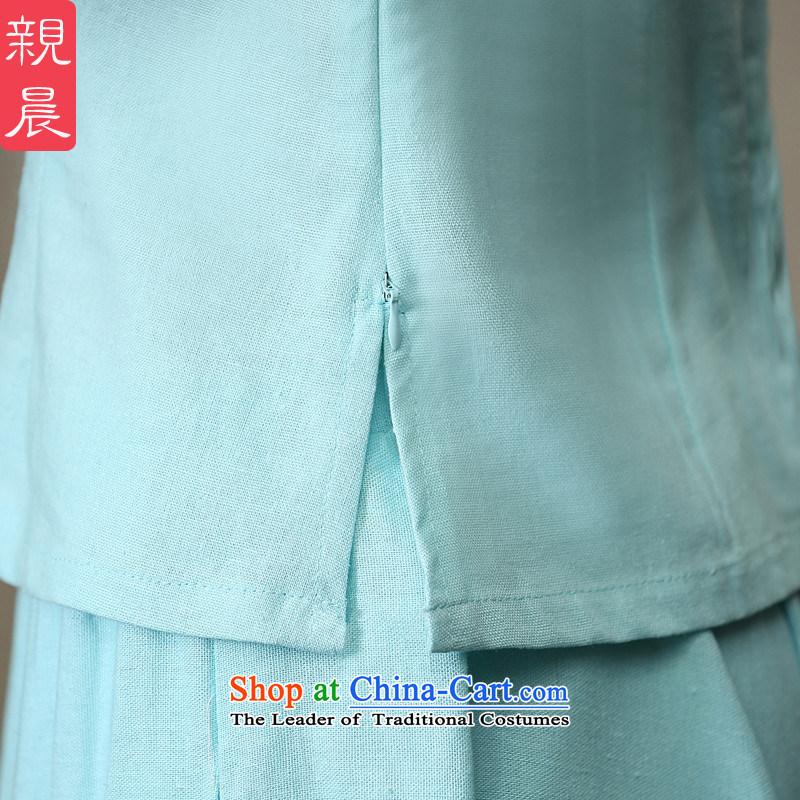 The pro-am new cotton linen clothes summer qipao 2015 Ms. daily maximum code linen improved cheongsam dress shirt + light blue skirt 2XL, in pro-am , , , shopping on the Internet