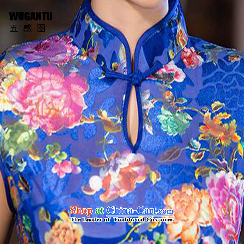 The five senses the fall of daily figure stylish improved graphics thin silk long Sau San cheongsam dress dresses China wind blue XL, five-sense figure (WUGANTU) , , , shopping on the Internet