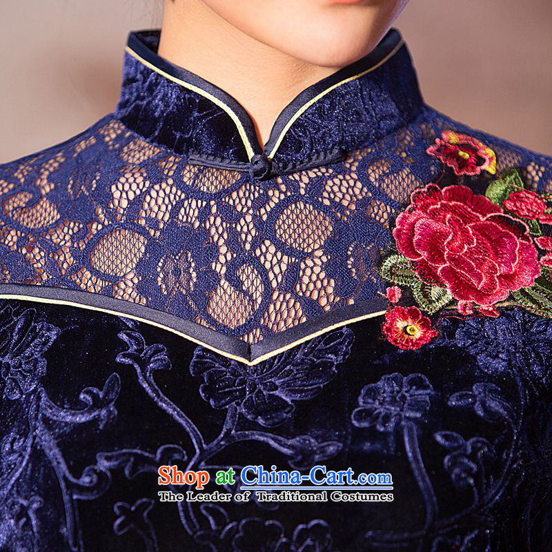 Yuan of qipao autumn 2015 buds sent with lace stitching velvet cheongsam dress new retro improved cheongsam dress QD 138  Yuan of blue, L (YUAN SU shopping on the Internet has been pressed.)