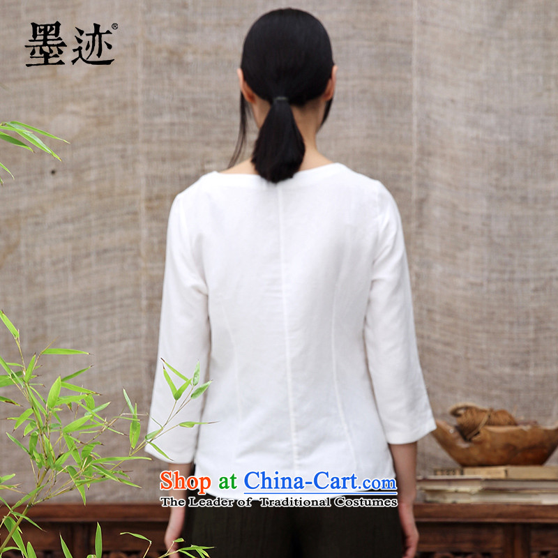 The original ink replace ethnic autumn cotton linen hand-painted Chinese long-sleeved T-shirt, forming the Han-female white M ink has been pressed shopping on the Internet