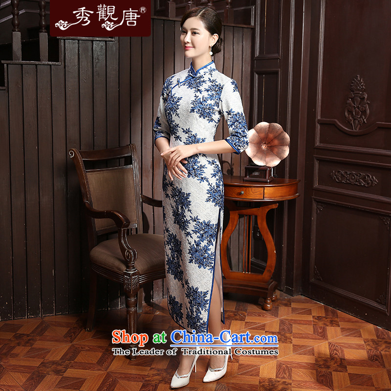 [Sau Kwun Tong] 2015 Autumn Chiu, Chi new stamp and stylish and elegant, warm in long-sleeved blue and white 3XL, QZ5801 qipao Sau Kwun Tong shopping on the Internet has been pressed.