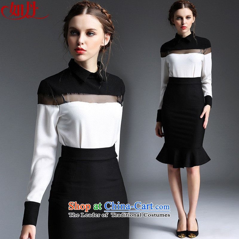 The Black Butterfly 2015 Autumn New_ fluoroscopy gauze black and white long-sleeved shirt + collision crowsfoot package and upper body skirt two kits skirt picture color XL