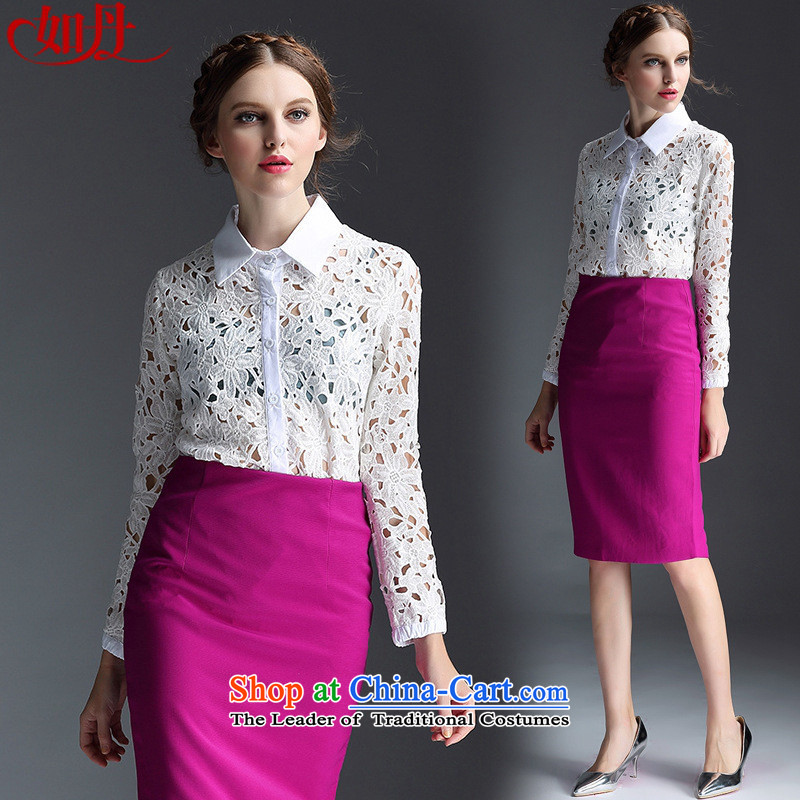 The Black Butterfly 2015 Autumn New_ Water-soluble lace engraving long-sleeved shirt + lace retro and upper body of the forklift truck package skirt two kits picture color L