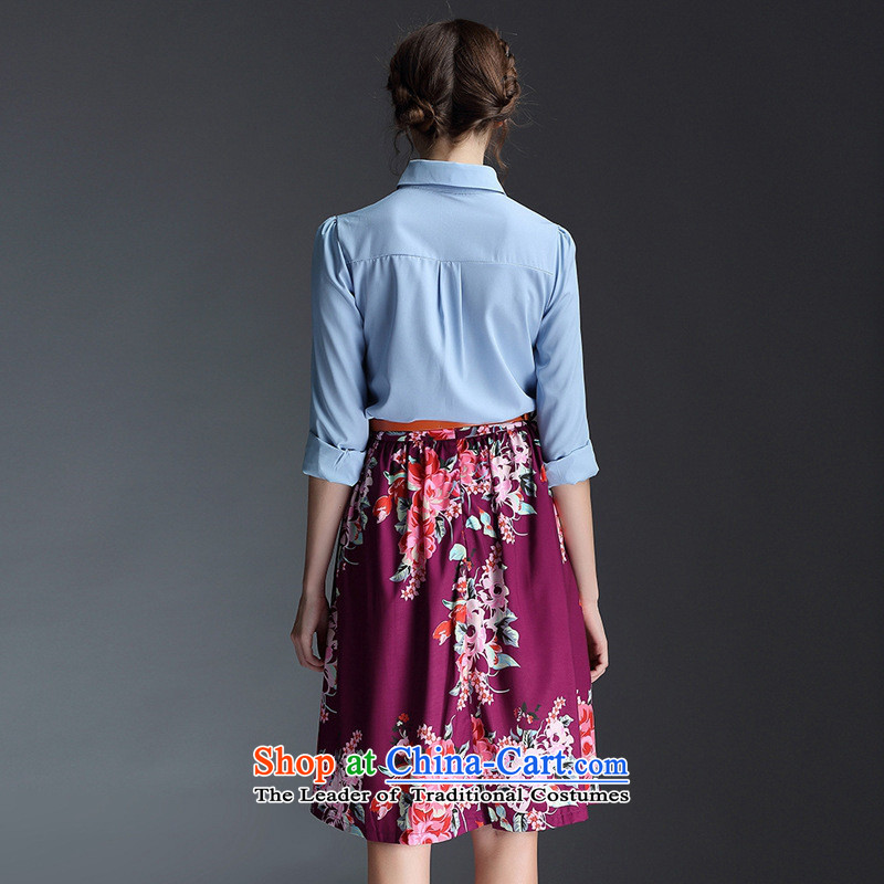The Black Butterfly 2015 Autumn new lapel wind in Europe and America, long-sleeved shirt + stamp chiffon long skirt two kits with intuitive female picture color L,A.J.BB,,, shopping on the Internet