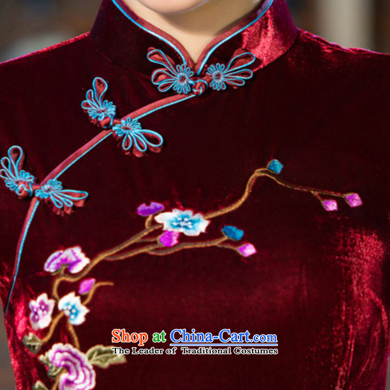 Your handheld is embroidered 2015 autumn and winter decorated in gold velour retro wedding in embroidery cuff improved cheongsam dress 7838 female wine red M Palm is embroidered shopping on the Internet has been pressed.