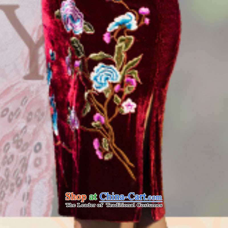 Your handheld is embroidered 2015 autumn and winter decorated in gold velour retro wedding in embroidery cuff improved cheongsam dress 7838 female wine red M Palm is embroidered shopping on the Internet has been pressed.