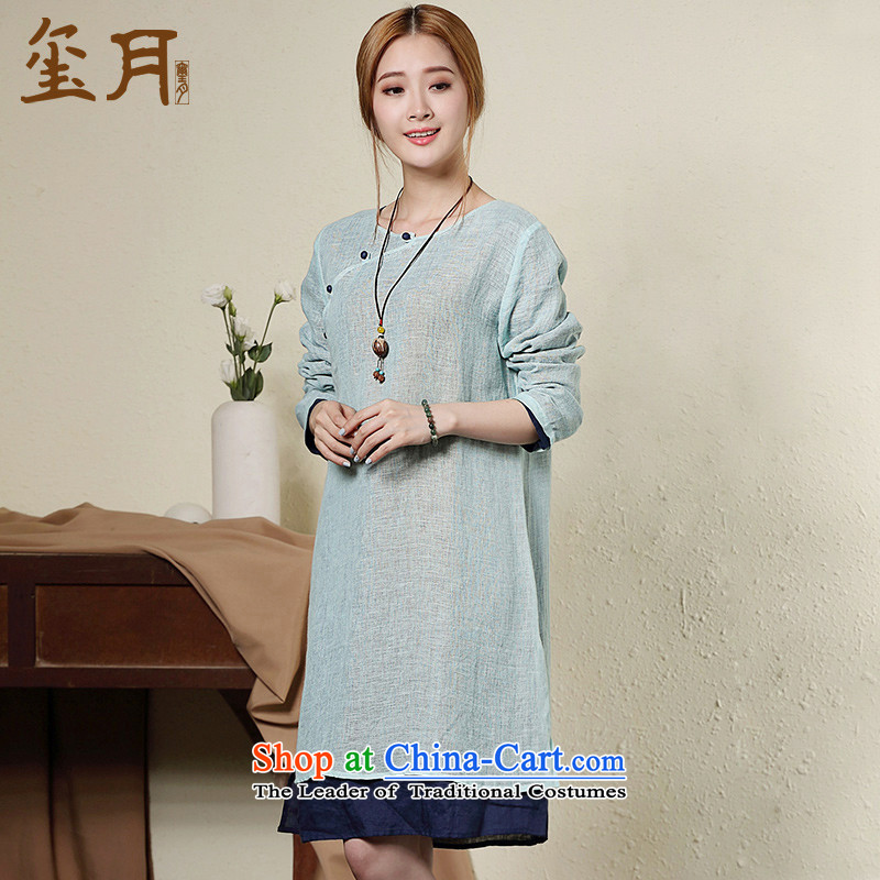 The seal on the original cotton linen with large relaxd autumn female cheongsam dress retro 7 Cuff China wind long skirt light blue S seal decreased by , , , shopping on the Internet