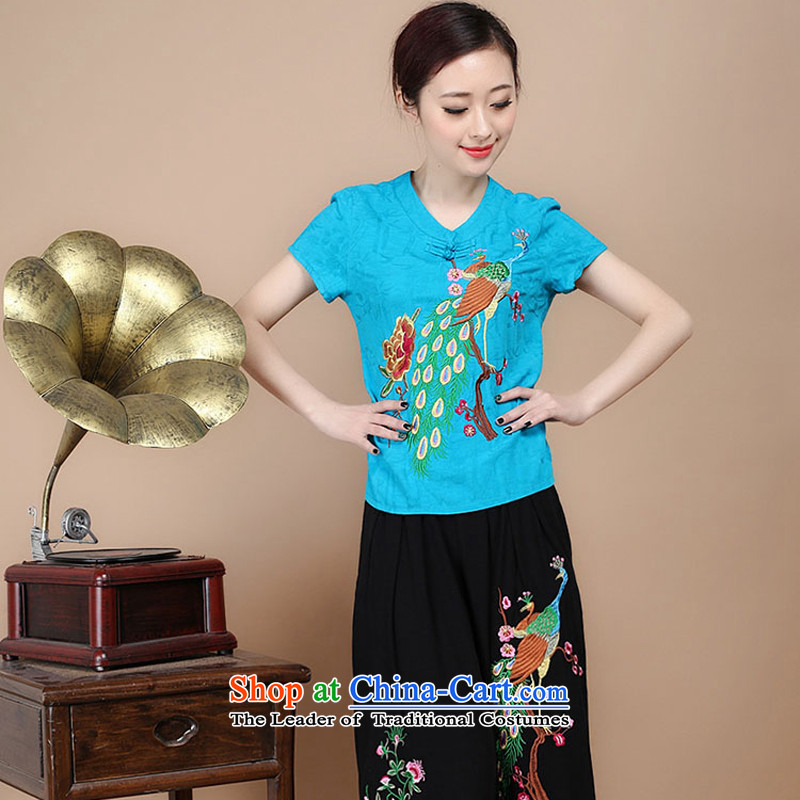 Mr Ronald decorated in 2015 Cotton embroidery Tang dynasty V-Neck short-sleeved T-shirt, two sets of load pants can sell blue packaged XXXL, charm and Asia (charm bali shopping on the Internet has been pressed.)