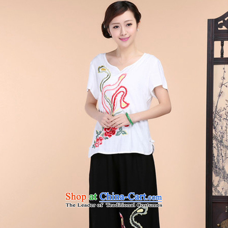 2015 Summer retro Sau San Tong load embroidery Short Sleeve V-Neck short-sleeved T-shirt relaxd casual pants two-piece set with white kit and Asia (XL15, charm charm of Bali shopping on the Internet has been pressed.