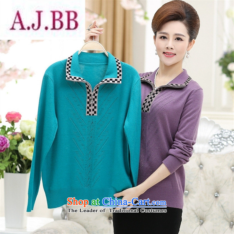 Ya-ting stylish shops fall in New Older Women Lapel Knitted Shirt long-sleeved T-shirt middle-aged women T-shirt with large blue mother 125,A.J.BB,,, shopping on the Internet