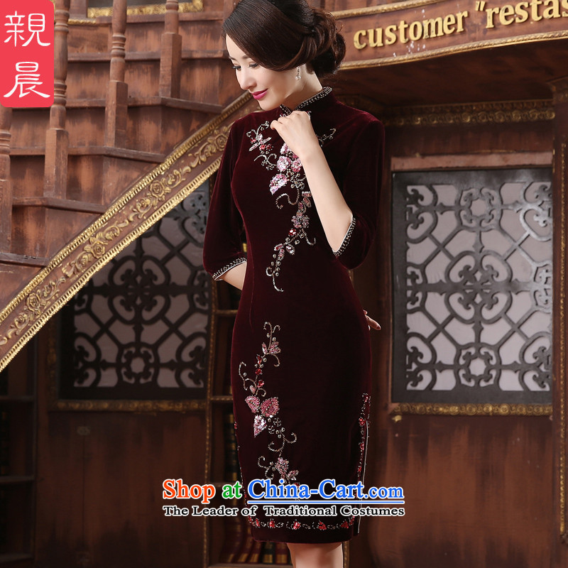 Gold velour cheongsam dress wedding dress wedding mother in old age by 2015 the new summer and fall in the medium to long term, wine red 3XL, pro-am , , , shopping on the Internet