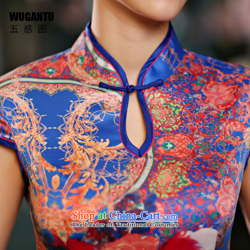 The five senses figure Choo stylish improved long cheongsam dress upscale silk China wind ethnic Blue Monster-hee picture color XXL, Five-sense figure (WUGANTU) , , , shopping on the Internet