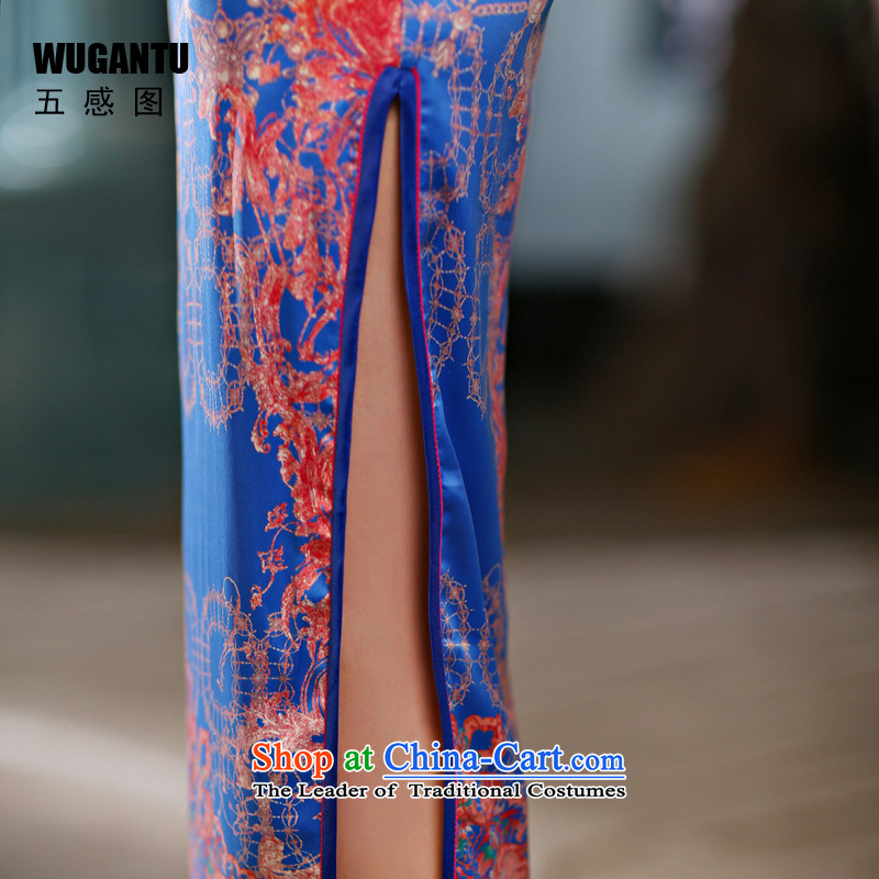 The five senses figure Choo stylish improved long cheongsam dress upscale silk China wind ethnic Blue Monster-hee picture color XXL, Five-sense figure (WUGANTU) , , , shopping on the Internet