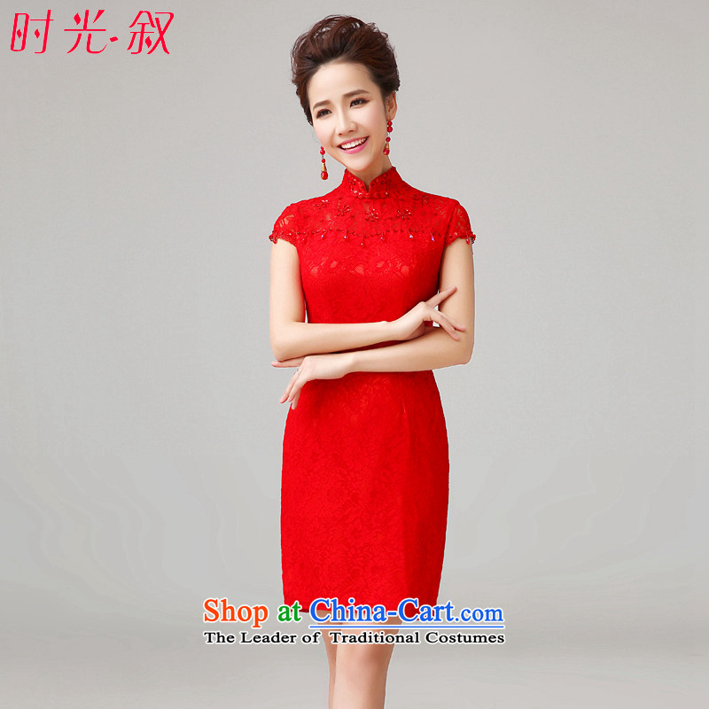Time Syrian qipao skirt autumn and winter new bride stylish girl serving drink fall short of the improved lace marriage word qipao shoulder short-sleeved Chinese Dress Red?XL