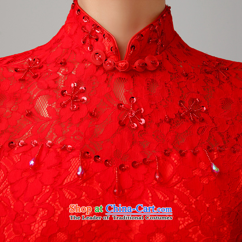 Time Syrian qipao skirt autumn and winter new bride stylish girl serving drink fall short of the improved lace marriage word qipao shoulder short-sleeved Chinese Dress Red XL, Syria has been pressed time shopping on the Internet