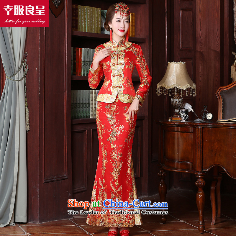 The bride with a drink service 2015 new red stylish、Qipao Length improved of Chinese wedding dress wedding dress larger long-sleeved long skirt 2XL, honor services-leung , , , shopping on the Internet
