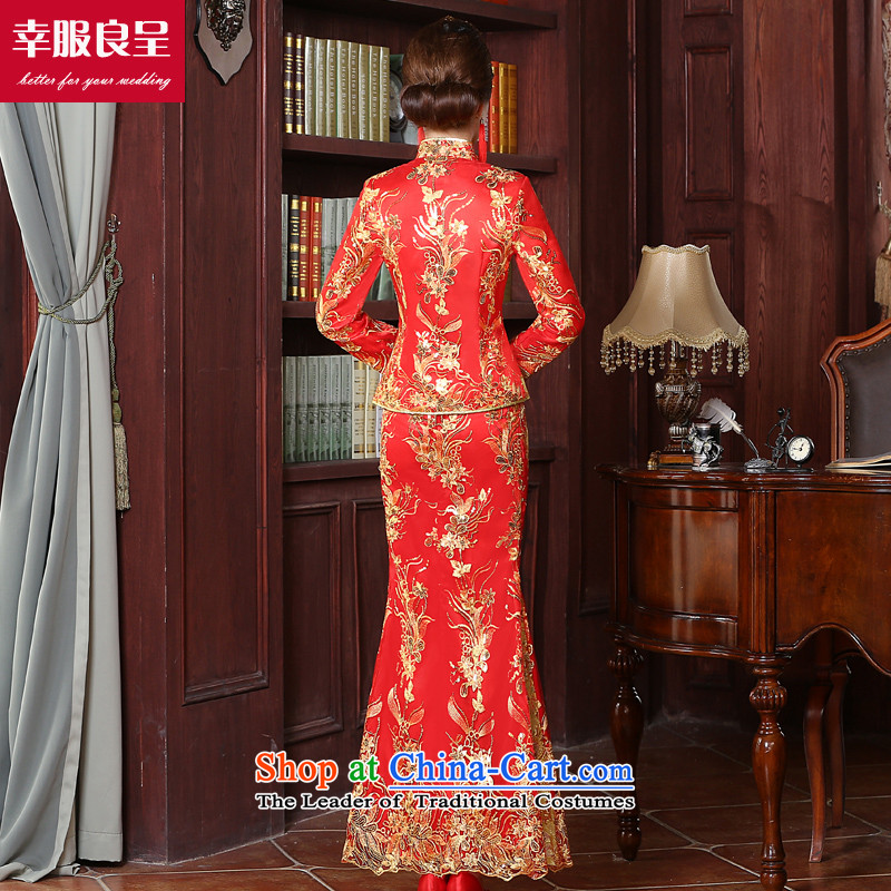 The bride with a drink service 2015 new red stylish、Qipao Length improved of Chinese wedding dress wedding dress larger long-sleeved long skirt 2XL, honor services-leung , , , shopping on the Internet