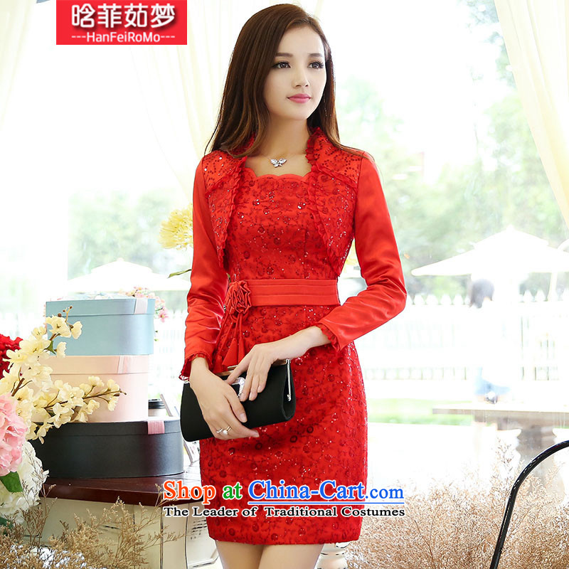 Detailed, Ju Meng?2015 Autumn replacing new aristocratic new bride dress a marriage dresses red dress bows serving two kits female RED?M