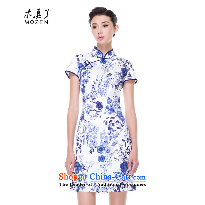 The 2015 autumn wood really new blue qipao skirt was decorated female temperament dresses daily Chinese 53446 02 Blue on white?L